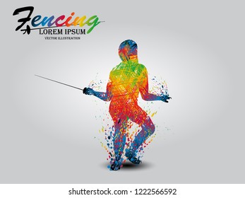 Visual drawing of man fencing athletes fight suit practicing with sword on professional sports arena, motion fast of speed practice by tournament, action color design for vector illustration set 5