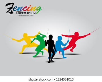 Visual drawing of man fencing athletes team fight suit practicing with sword on professional sports arena, motion fast of speed practice by tournament, action design style for vector illustration 1