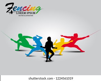 Visual drawing of man fencing athletes team fight suit practicing with sword on professional sports arena, motion fast of speed practice by tournament, action design style for vector illustration 2
