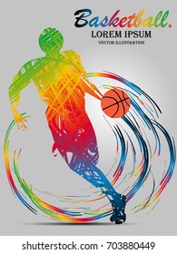 Visual drawing man playing sport basketball of side view, healthy lifestyle and sport concepts,abstract basketball game colorful vector illustration , set 4 of 5