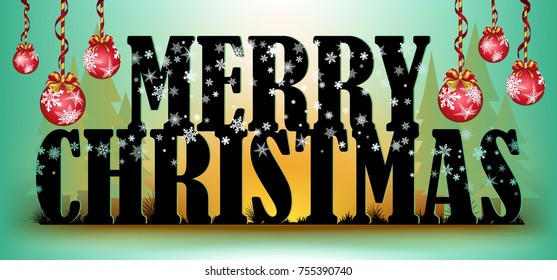 Visual drawing of Marry Christmas text and ball greeting beautiful card,nature spring concept on sunset background for vector illustration