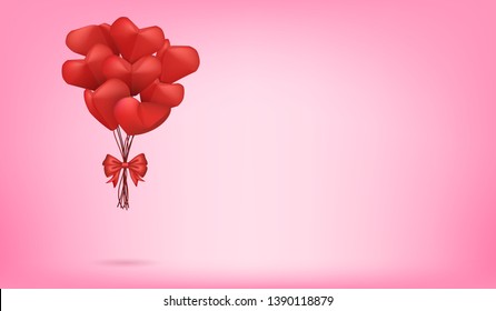 Visual drawing of paper balloon red heart and ribbon flying float on sky, concept ads sale love in valentine day of copy space pink color background vector illustration
