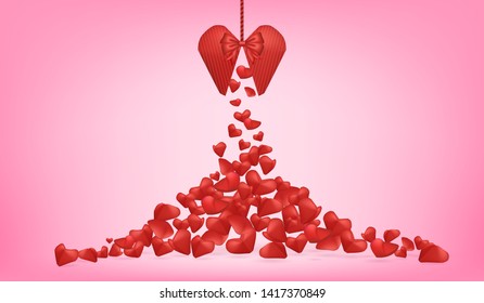 Visual drawing of paper balloon red heart scatter in celebrate party, concept ads minimal sale love in valentine day of copy space pink color background vector illustration