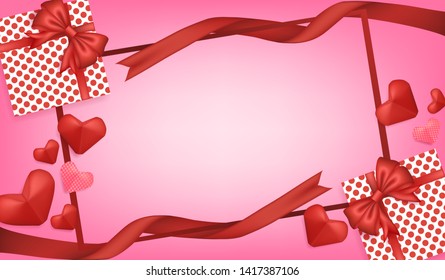 Visual drawing of paper balloon red heart and ribbon gift box on pink background, concept ads minimal sale love in valentine day of copy space pink color background vector illustration