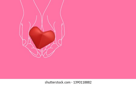 Visual drawing of paper red heart and art line hand, concept give caring of you of copy space pink color background vector illustration set 1 of 4