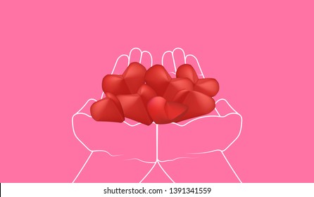 Visual drawing of paper red heart and art line hand, concept give caring of you of copy space pink color background vector illustration set 4 of 4