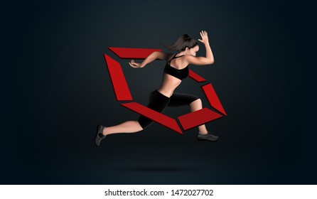 Visual drawing of realistic banner ads women runner and jump or dance in fitness club studio, concept lifestyle and health care with weight loss by exercise on black background for vector illustration