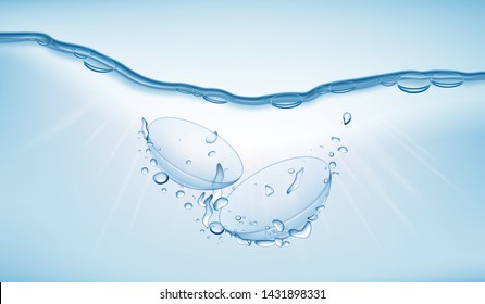 Visual drawing realistic of contact lenses drop to water solvent wave transparent surface & create bubbles air, concept clean and clear care eye contact lens, white background for vector illustration