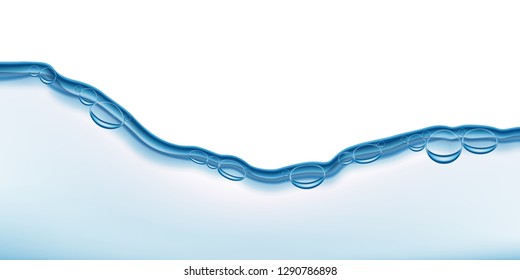 Visual drawing of realistic nature water wave transparent surface and bubbles of air, water forming or flowing on clear white background for vector illustration