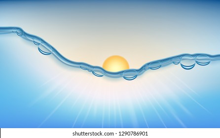 Visual drawing of realistic nature water wave transparent surface and bubbles of air, water forming or flowing on sunrise or sunset to sky background for vector illustration