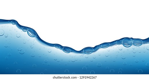 Visual drawing of realistic nature water wave transparent surface and bubbles of air, water forming or flowing, concept soda on clear white background for vector illustration