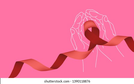 Visual drawing of red ribbon and art line hand, concept give caring cancer of you of copy space pink color background vector illustration