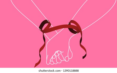 Visual drawing of red ribbon and art wedding couple line hand, concept love of you in valentine day of copy space pink color background vector illustration