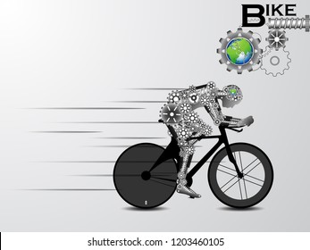 Visual Drawing Of Robot For Gear Technology Industrial, Bike Fass Speed In Match Triathlon Sport Game,healthy Lifestyle, Abstract Black And White Vector Illustration