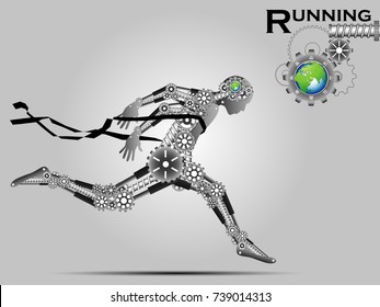 Visual drawing of robot for gear technology industrial, running and crossing a finish line winning a race,healthy lifestyle and sport concepts,abstract black and white vector illustration