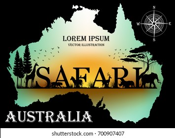 Visual drawing of safari text design and silhouette of animal on Australia map of landscape with wildlife and sunset background for vector illustration