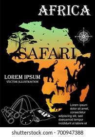 Visual drawing of safari text design and silhouette of animal on Africa map of landscape with wildlife and sunset background for vector illustration
