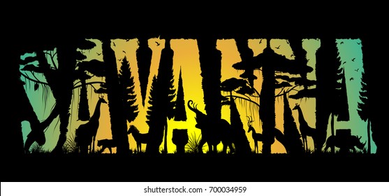 Visual drawing of savanna text design and silhouette of animal in Africa landscape with wildlife and sunset background for vector illustration