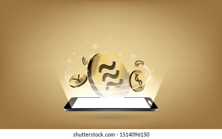 Visual drawing of shop and change other money to libra digital network, concept design finance and partnership connecting people for social and cyber business on mobile phone for vector illustration