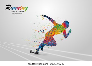 Visual drawing side view line colorful of man starts running in-game to enter finish the victory line first, concept lifestyle and health care with weight loss by exercise for vector illustration