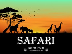 Visual Drawing Silhouette Of Animal Wildlife In Africa With Wild And Sunset Background For Vector Illustration,travel Concept