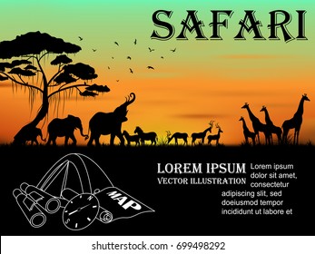 
Visual drawing silhouette of animal wildlife in Africa with wild and sunset background for vector illustration,travel concept