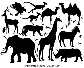 Visual drawing silhouette of animal wildlife in the world for vector illustration, rhino, tiger, deer, zebra, giraffe, kangaroo, elephant, bird, camel, eagle or hawk