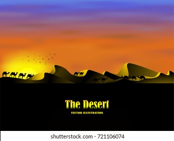 Visual drawing silhouette of beautiful camel family in the desert with nature and sunset background for vector illustration,travel concept