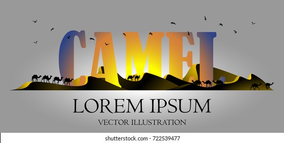 Visual drawing silhouette of camel family and camel  text in the desert with nature and sunset background for vector illustration,travel concept