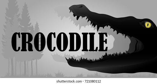 Visual drawing silhouette of crocodile and crocodile  text in the desert with nature with black and white vector illustration