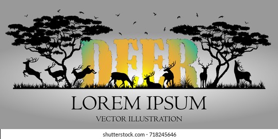 Visual drawing silhouette of deer and deer text in Africa with wild and sunset background for vector illustration,travel concept