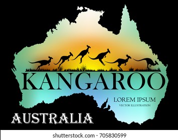 Visual drawing silhouette of kangaroo and kangaroo text in Australia map with wild and sunset background for vector illustration,travel concept