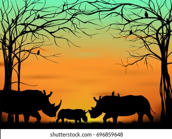 Visual drawing silhouette of rhinoceros in Africa with wild and sunset background for vector illustration