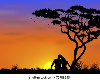 Visual drawing silhouette of young man and girl on the mountain with evening sunset on background,happy young having good time concept for vector illustration