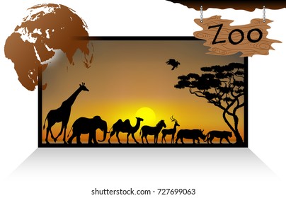 Visual drawing silhouettes of beautiful animal wildlife collection in Africa or Savannah, concept animal in the world, abstract sunset background for vector illustration 