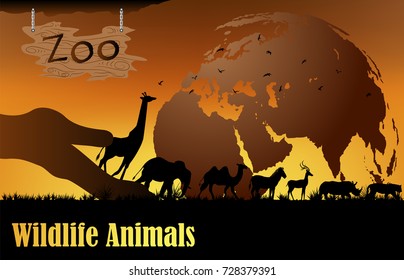 Visual drawing silhouettes of beautiful animal wildlife collection in Africa or Savannah, concept animal in the world, abstract sunset background for vector illustration set 3 of 5