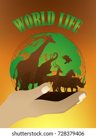 Visual drawing silhouettes of beautiful animal wildlife collection in Africa or Savannah, concept animal in the world, abstract sunset background for vector illustration