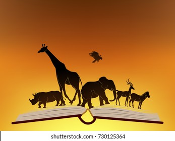 Visual drawing silhouettes of beautiful animal wildlife collection on the book, abstract sunset background for vector illustration