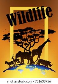 Visual drawing silhouettes of beautiful animal wildlife collection in Africa or Savannah, concept animal in the world, abstract sunset background for vector illustration