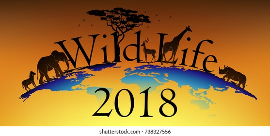 Visual drawing silhouettes of beautiful animal wildlife collection in Africa or Savannah, concept animal in the world, abstract sunset background for vector illustration 2018