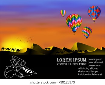 Visual drawing silhouettes of camel animal wildlife collection in the desert with black and white vector illustration, travel concepts with balloons