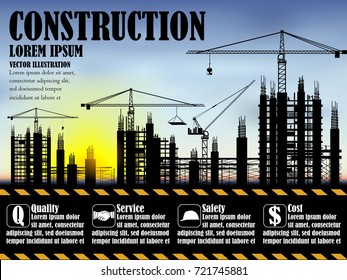 Visual drawing silhouettes of construction industry engineer for worker team to work safety on high ground over with business concept and sunset background vector illustration