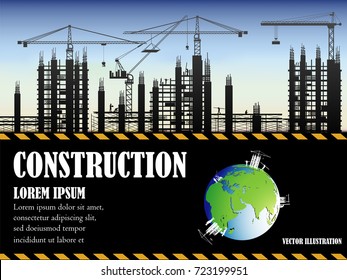 Visual drawing silhouettes of construction industry engineer for worker team to work safety on high ground over and sunset background vector illustration, construction business world concept