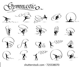 Visual drawing silhouettes of gymnastic game collection,healthy lifestyle and sport concepts,abstract black and white vector illustration