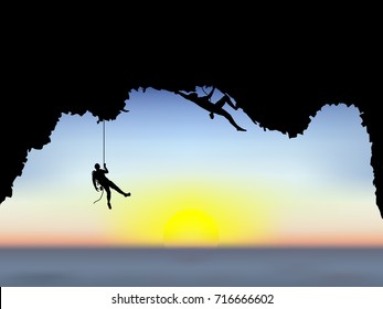 Visual drawing silhouettes of male and female hikers climbing up mountain with safety equipment and sunset in sea of background for vector illustration