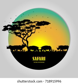 Visual drawing silhouettes of rhinoceros animal wildlife collection in Africa or Savannah abstract black and white vector illustration