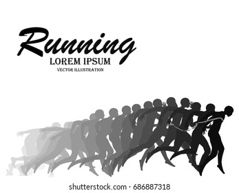 Visual drawing silhouettes of runner from start to finish, running and crossing a finish line winning a race, healthy lifestyle and sport concepts, abstract black and white vector illustration