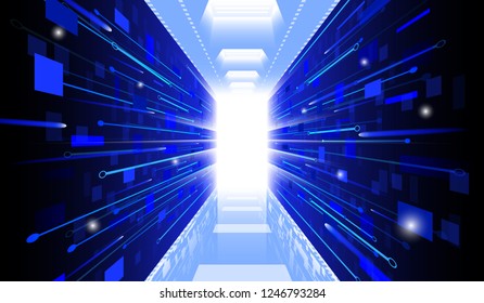 Visual drawing of soft light energy fling in the door surround of electronic technology for the future artificial intelligence business banner design on blue for vector illustration