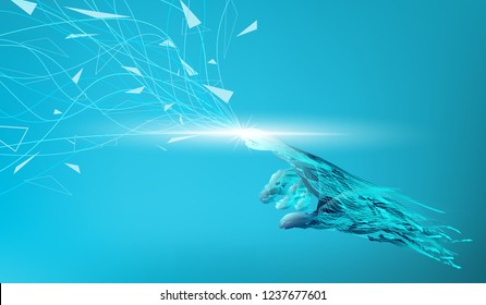 Visual drawing of soft light hand robot absorb or liberate energy to environment, concept idea for the future artificial intelligence business banner design on sky for vector illustration