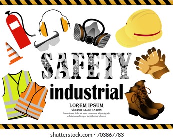 Visual drawing of standard safety protective equipment and safety text industrial art on white background to health with in the industrial and construction work for vector illustration, safety first